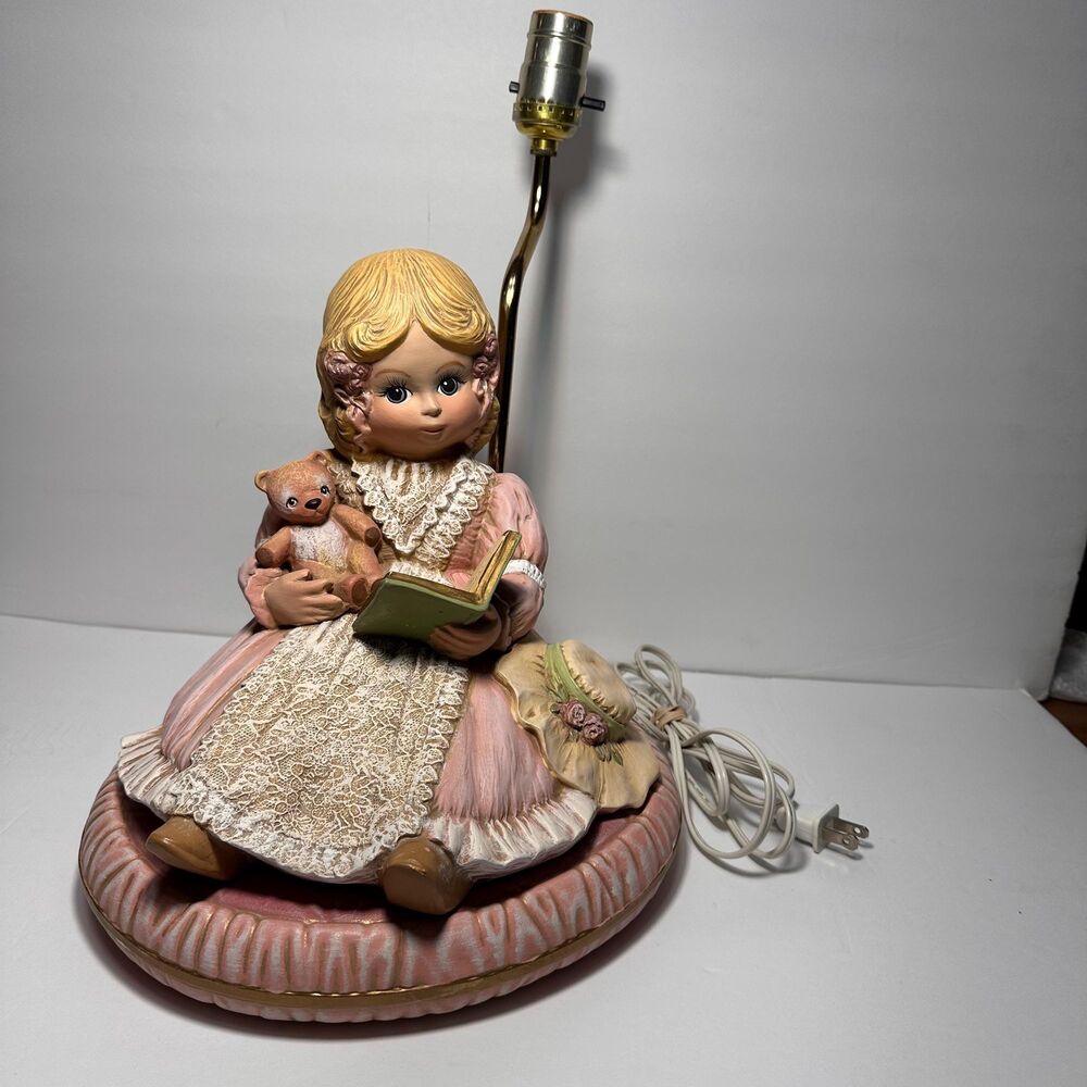 Vintage Ceramic Lamp Large Victorian Girl in Pink Figure Hat, Teddy Bear & Book